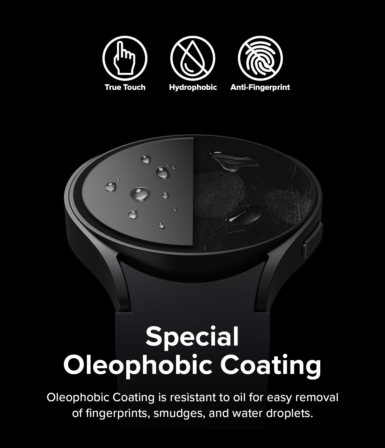 Galaxy Watch 6 40mm Screen Protector | Glass - R8 - Galaxy Watch 6 40mm Screen Protector - Smartwatch screen showing water droplets and fingerprint resistance features.
