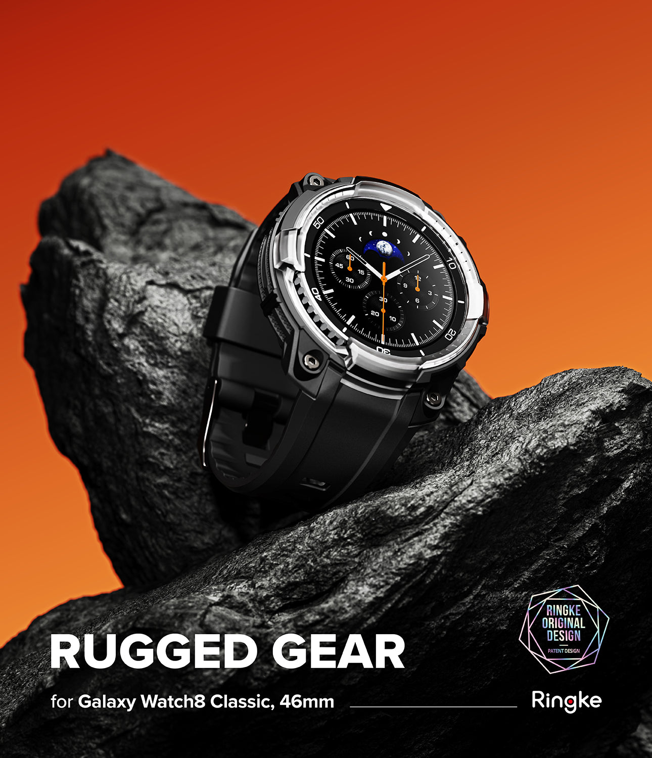 Galaxy Watch 8 Classic 46mm Case + Band | Rugged Gear - Black rugged watch case on a rock against an orange background.