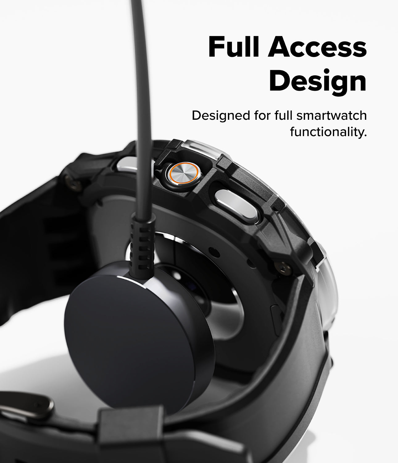 Galaxy Watch 8 Classic 46mm Case + Band | Rugged Gear - Black rugged watch case charging on a magnetic dock.