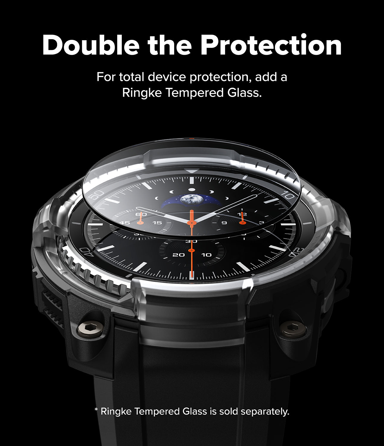 Galaxy Watch 8 Classic 46mm Case + Band | Rugged Gear - A rugged black watch case hovering over a smartwatch face.