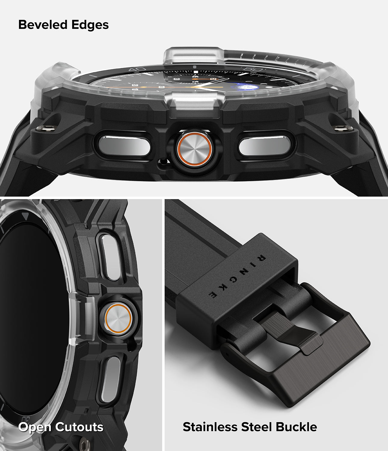 Galaxy Watch 8 Classic 46mm Case + Band | Rugged Gear - Galaxy Watch 8 Classic 46mm Case + Band - Rugged black watch case with beveled edges, open button cutouts, and metal buckle.