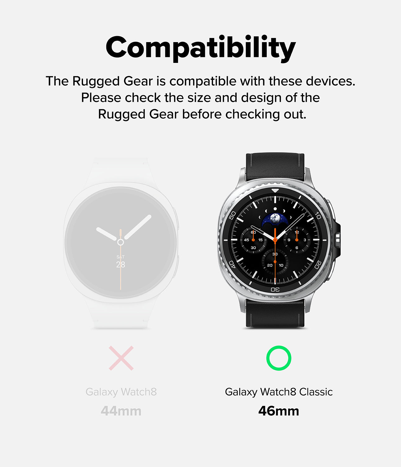 Galaxy Watch 8 Classic 46mm Case + Band | Rugged Gear - Compatibility chart showing Galaxy Watch 8 Classic 46mm is supported.