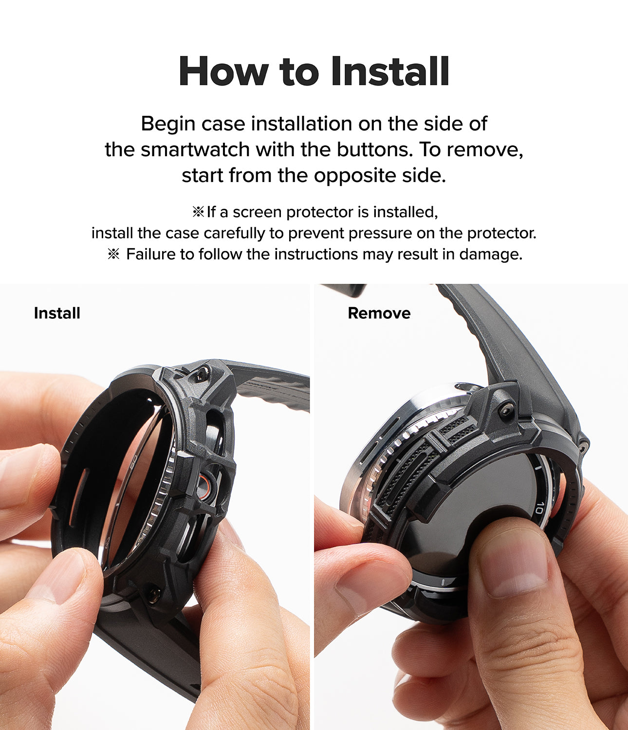 Galaxy Watch 8 Classic 46mm Case + Band | Rugged Gear - Instructional graphic showing hands installing and removing a case.