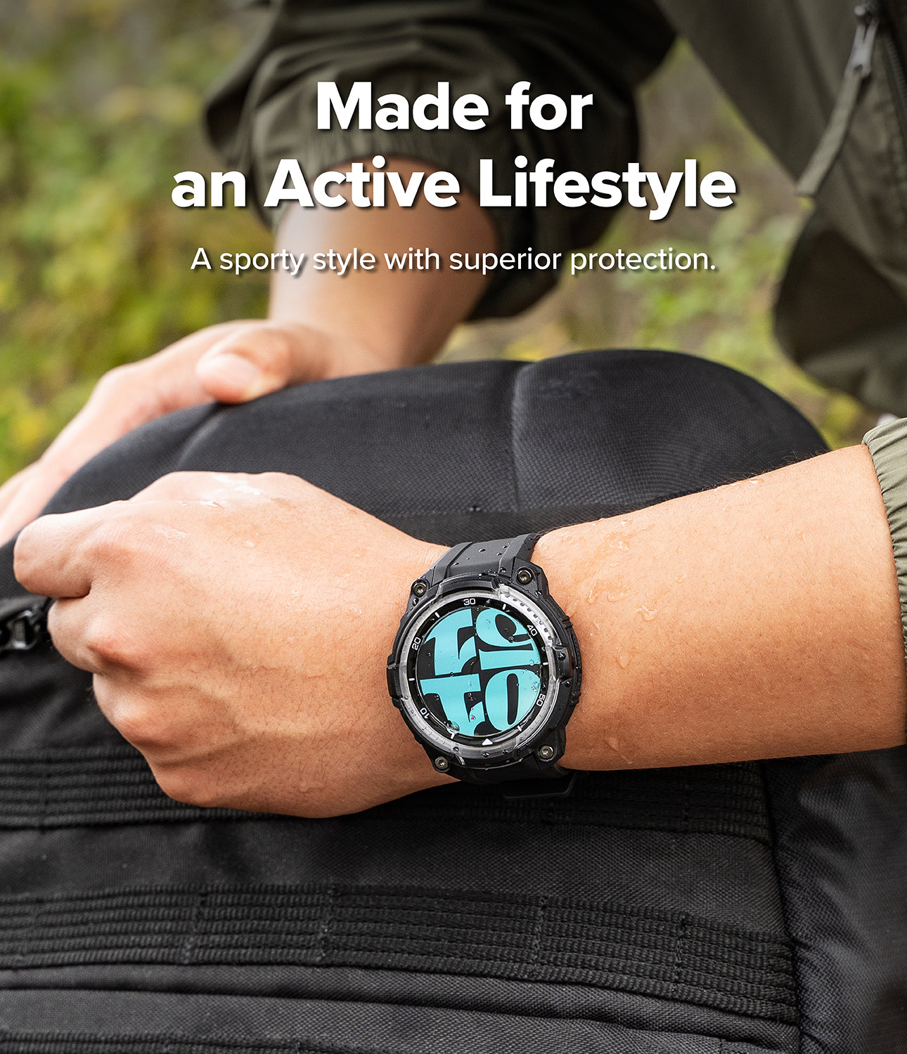 Galaxy Watch 8 Classic 46mm Case + Band | Rugged Gear - Black rugged watch case on wrist with teal clock face.