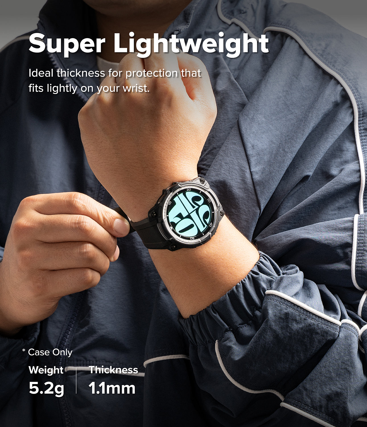 Galaxy Watch 8 Classic 46mm Case + Band | Rugged Gear - Galaxy Watch 8 Classic 46mm Case + Band - Rugged black watch case on a wrist, highlighting 5.2g weight and 1.1mm thickness.