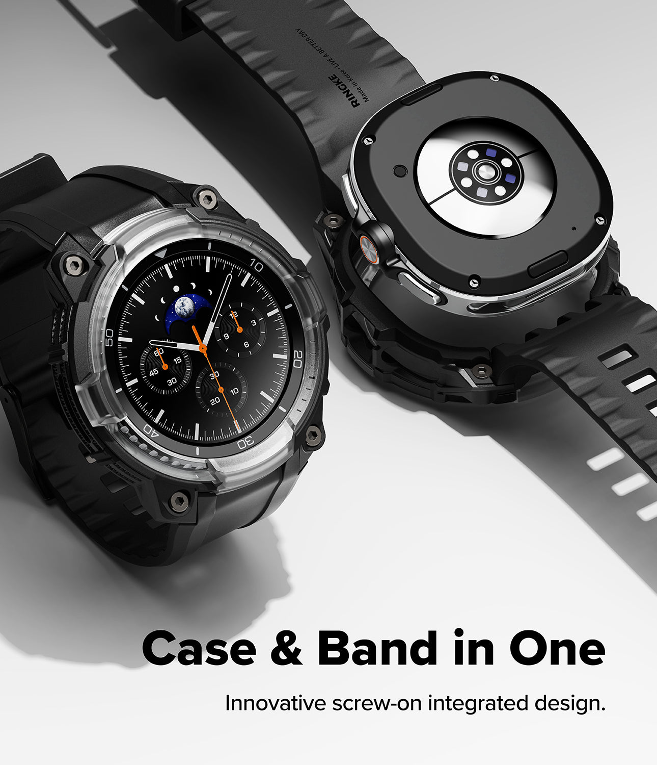 Galaxy Watch 8 Classic 46mm Case + Band | Rugged Gear - Galaxy Watch 8 Classic 46mm Case + Band - Two rugged black watch cases with integrated bands shown from front and back.