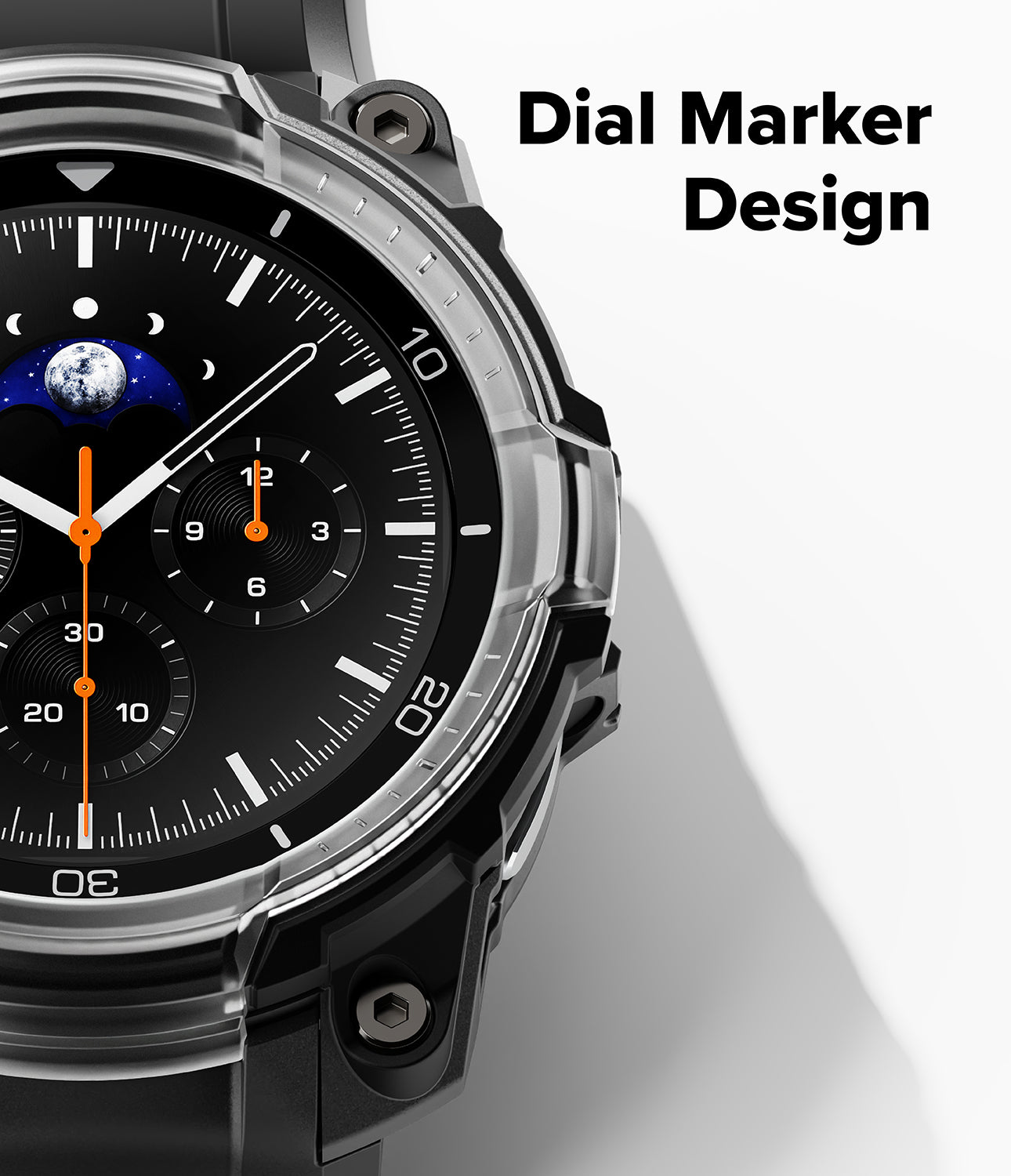 Galaxy Watch 8 Classic 46mm Case + Band | Rugged Gear - Galaxy Watch 8 Classic 46mm Case + Band - Close-up of a rugged black watch case with a detailed moon phase dial display.