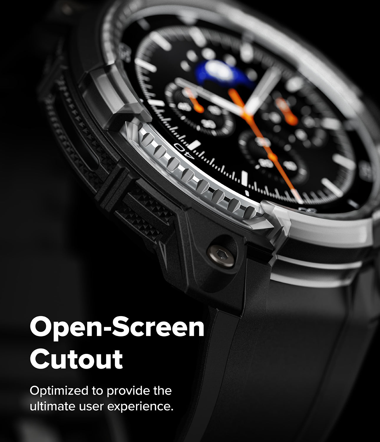 Galaxy Watch 8 Classic 46mm Case + Band | Rugged Gear - Close-up of a black rugged watch case with an open-screen cutout.