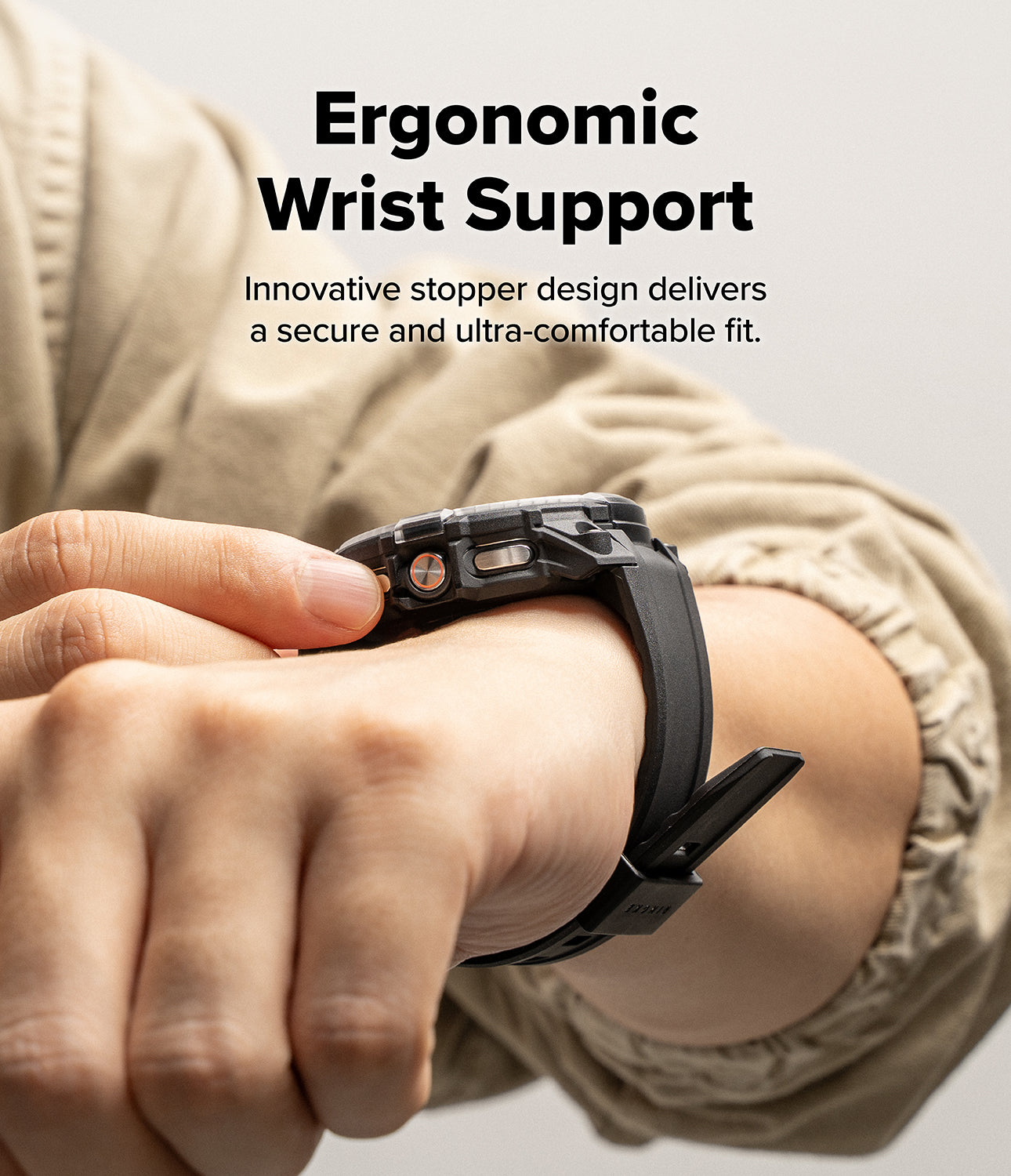 Galaxy Watch 8 Classic 46mm Case + Band | Rugged Gear - Galaxy Watch 8 Classic 46mm Case + Band - Close-up of a rugged black watch case on a wrist with a finger adjusting the side.