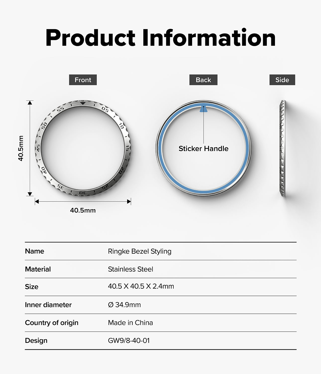 Galaxy Watch 9 / 8 40mm | Bezel Styling - Product information diagram for a stainless steel ring bezel styling tool, showing front, back, and side views with dimensions and a table of specifications on a light gray background.