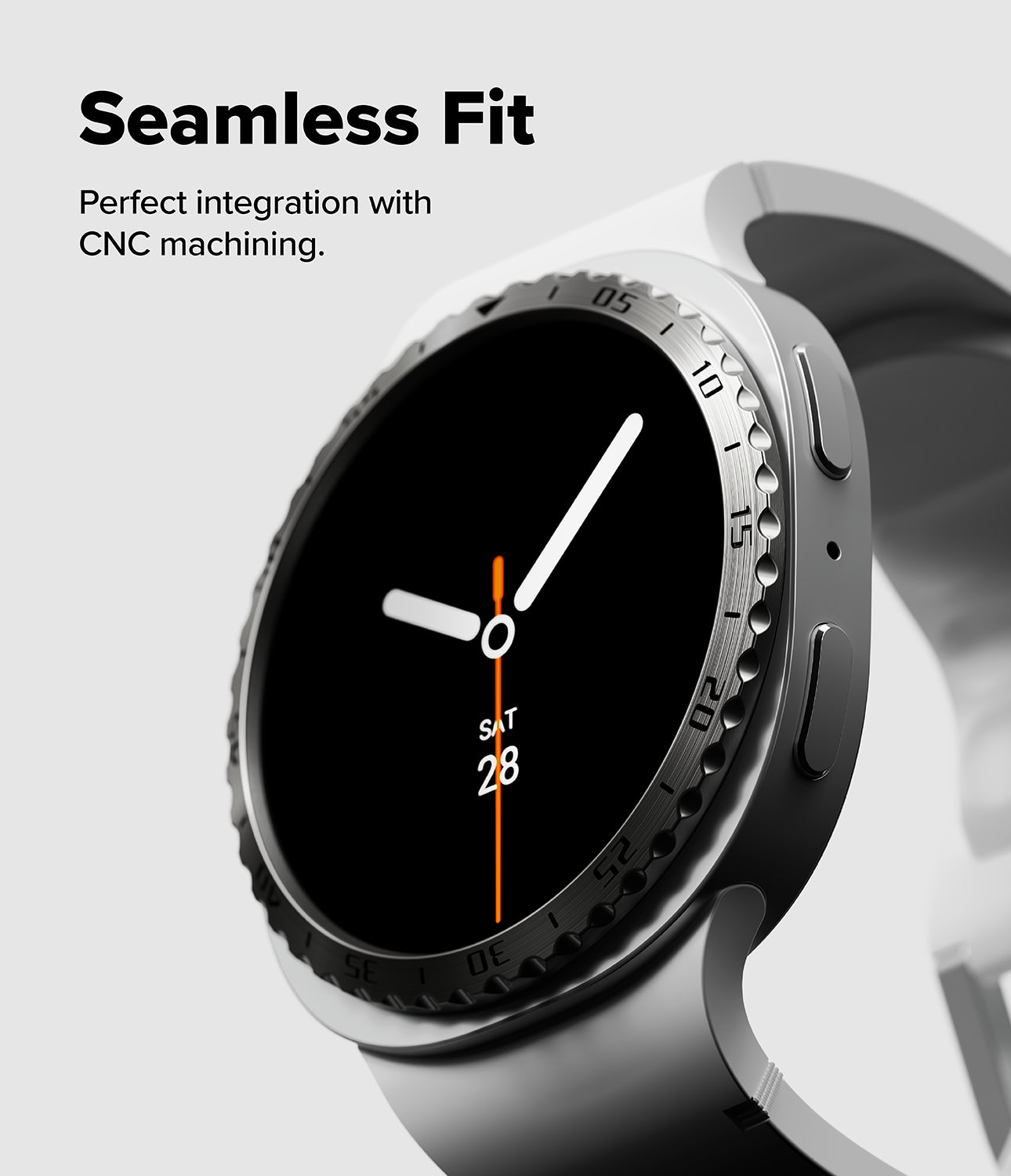 Galaxy Watch 9 / 8 40mm | Bezel Styling - A close-up of a smartwatch with a black analog-style face, silver bezel markings, and a light gray band. Text at the top reads 'Seamless Fit' and 'Perfect integration with CNC machining.