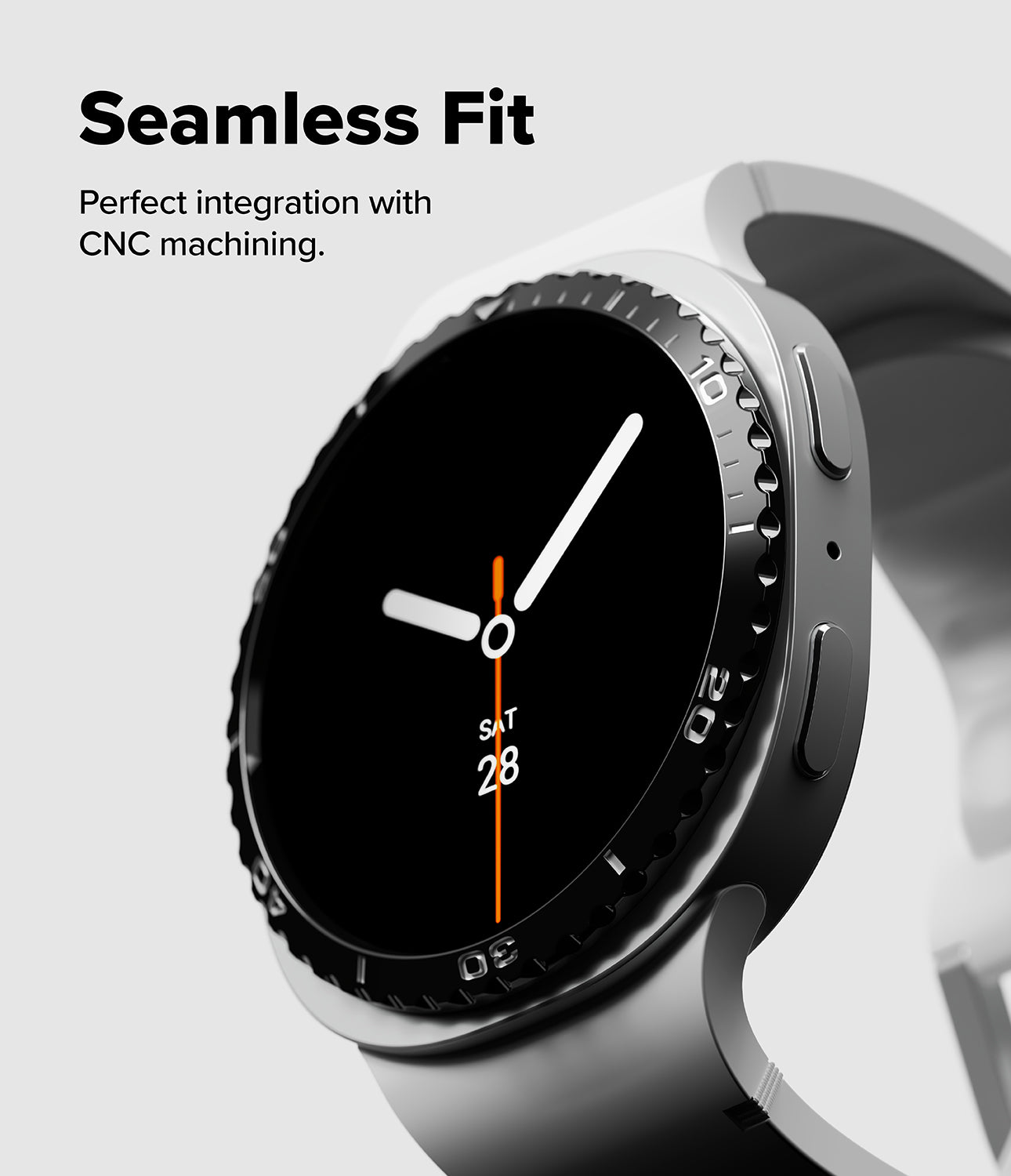 Galaxy Watch 9 / 8 40mm | Bezel Styling - A close-up of a smartwatch with a black analog-style face, silver bezel markings, and a light gray band. Text on the left reads 'Seamless Fit' and 'Perfect integration with CNC machining.