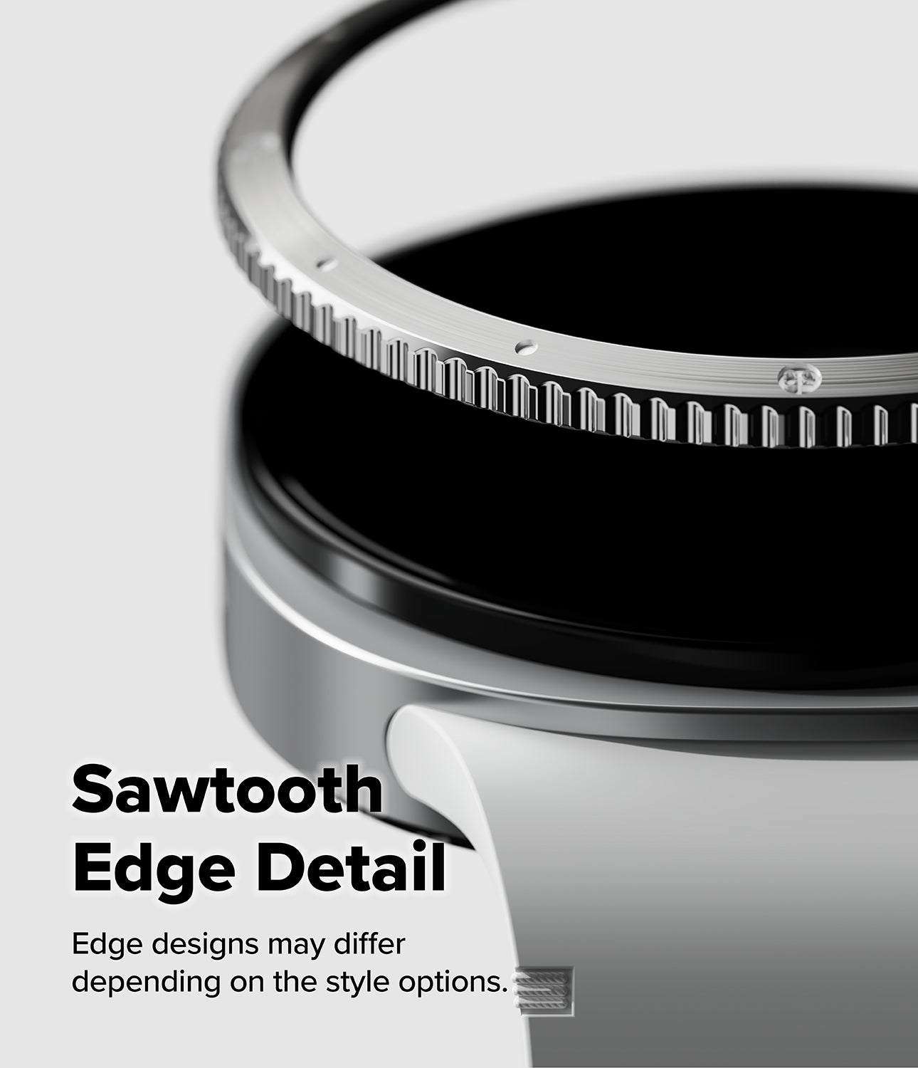 Galaxy Watch 9 / 8 40mm | Bezel Styling - Close-up of a metallic watch band or ring component with a serrated tooth-like edge, shown on a light gray background with the text 'Sawtooth Edge Detail' and smaller explanatory text.