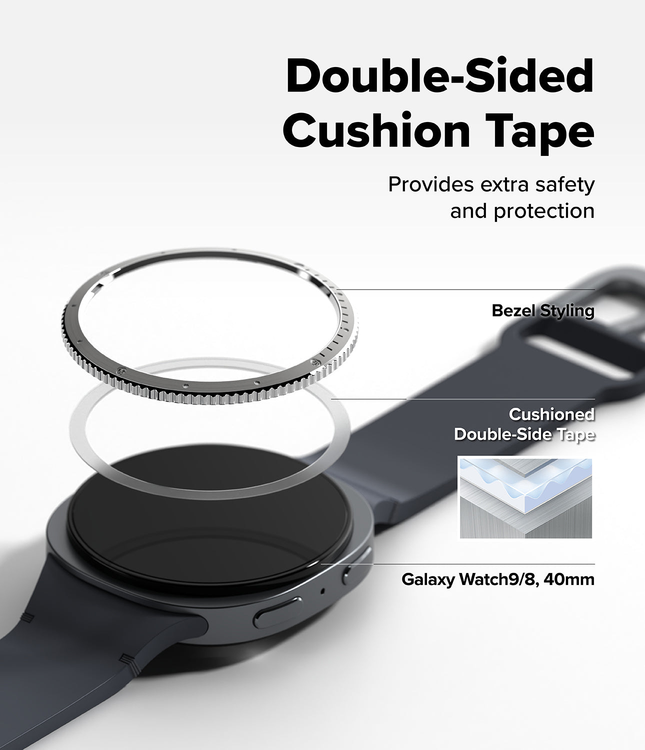 Galaxy Watch 9 / 8 40mm | Bezel Styling - Double-sided cushion tape for a Galaxy Watch 9/8, 40mm, shown applied to a dark gray smartwatch. The graphic includes an exploded view showing the tape on both sides of the watch case, labeled 'Bezel Styling' and 'Cushioned Double-Side Tape', with a small inset diagram of the layered tape.