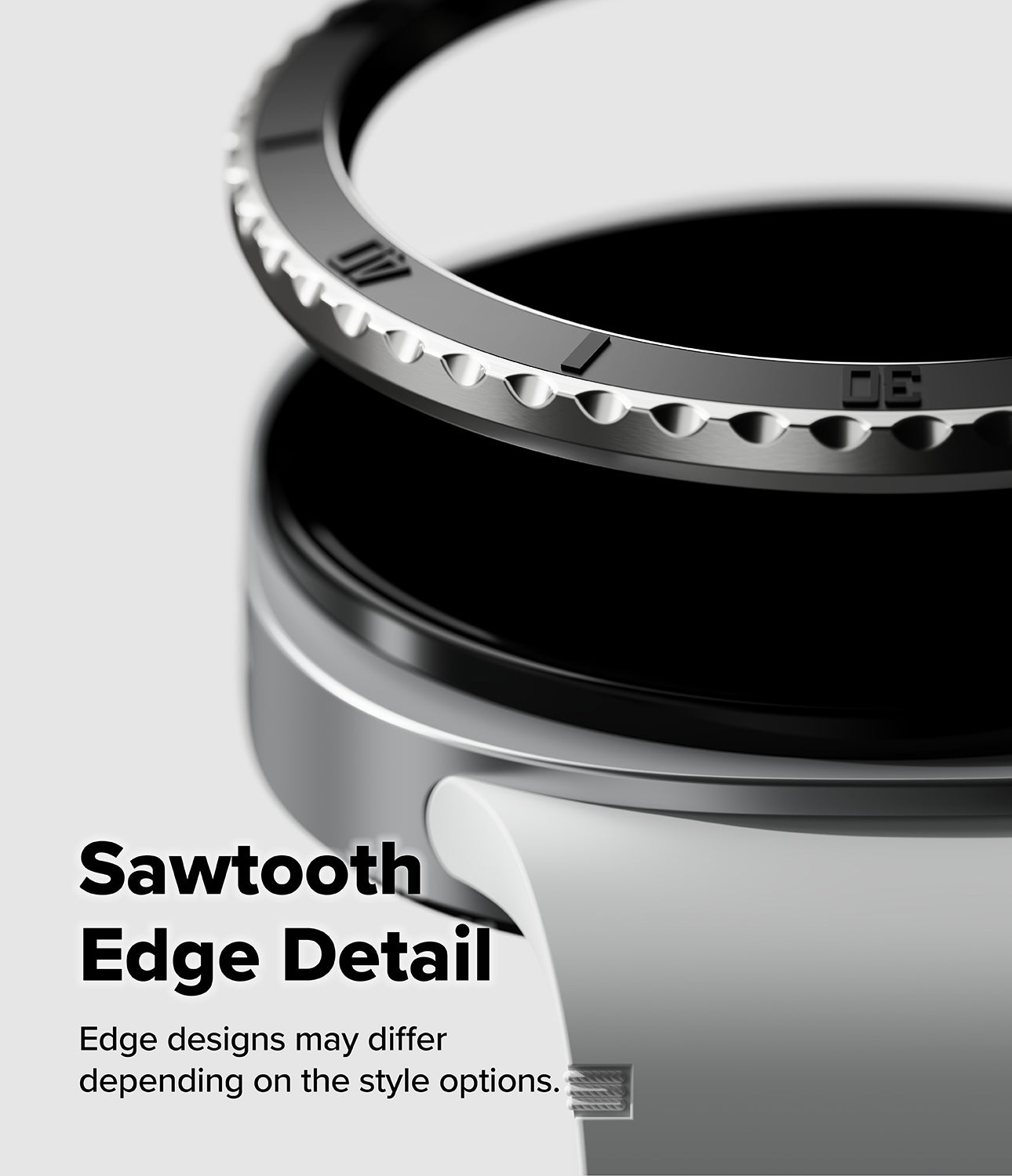 Galaxy Watch 9 / 8 40mm | Bezel Styling Premium - Close-up of a metallic watch band or ring component with a serrated tooth-like edge, shown on a light gray background with the text 'Sawtooth Edge Detail' and smaller explanatory copy.