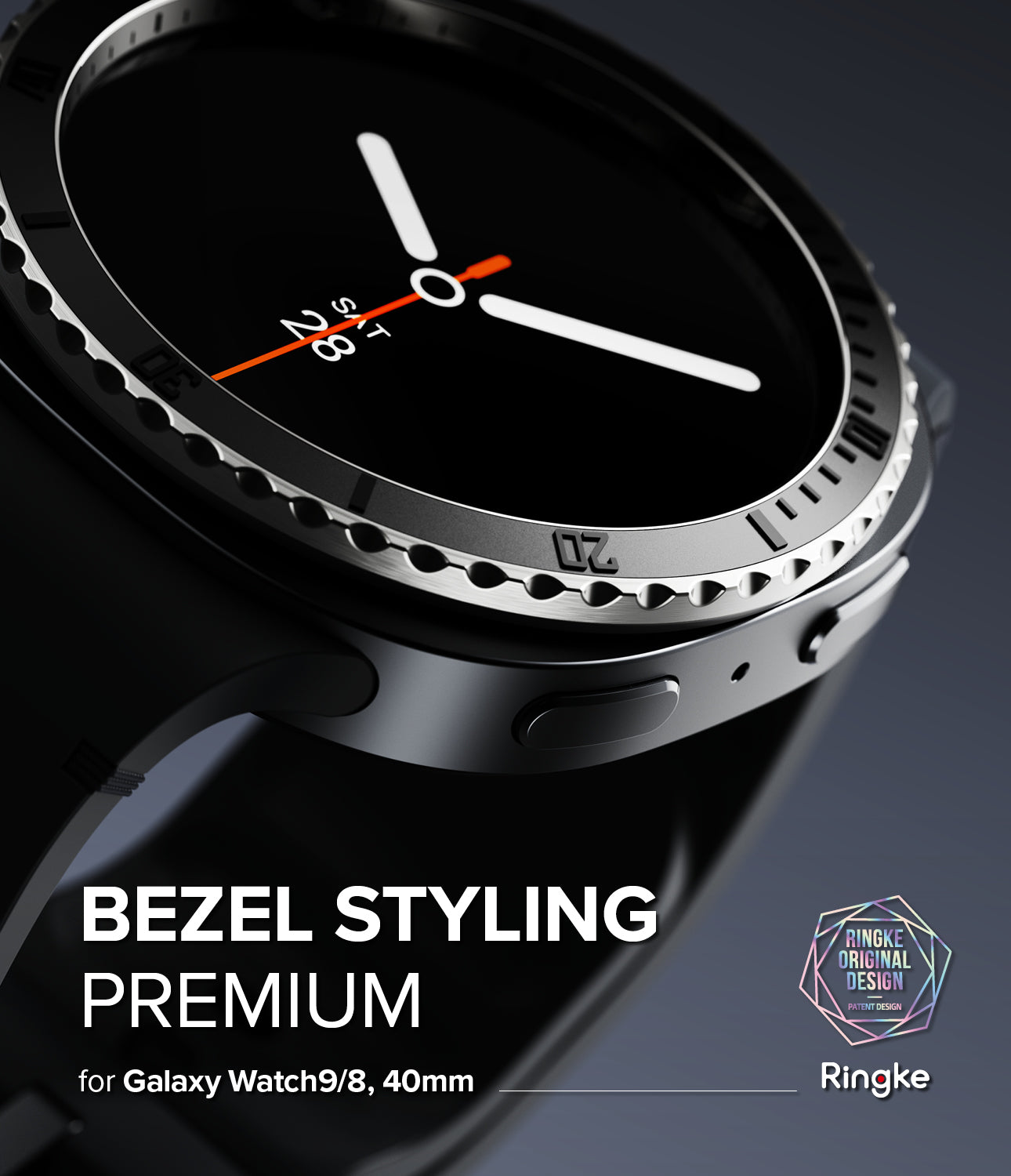 Galaxy Watch 9 / 8 40mm | Bezel Styling Premium - Close-up promotional render of a Galaxy Watch 9 bezel with a black watch face and silver-toned textured bezel details. Text reads 'BEZEL STYLING PREMIUM for Galaxy Watch 9, 40mm' with Ringke branding.
