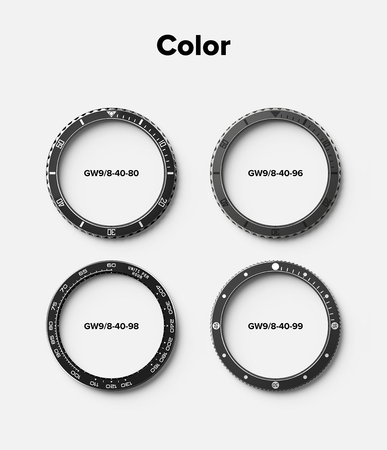 Galaxy Watch 9 / 8 40mm | Bezel Styling Premium - Four black camera lens filter rings arranged in a 2x2 grid on a light gray background, with the word 'Color' at the top and model numbers GW9/8-40-80, GW9/8-40-96, GW9/8-40-98, and GW9/8-40-99 printed inside each ring.