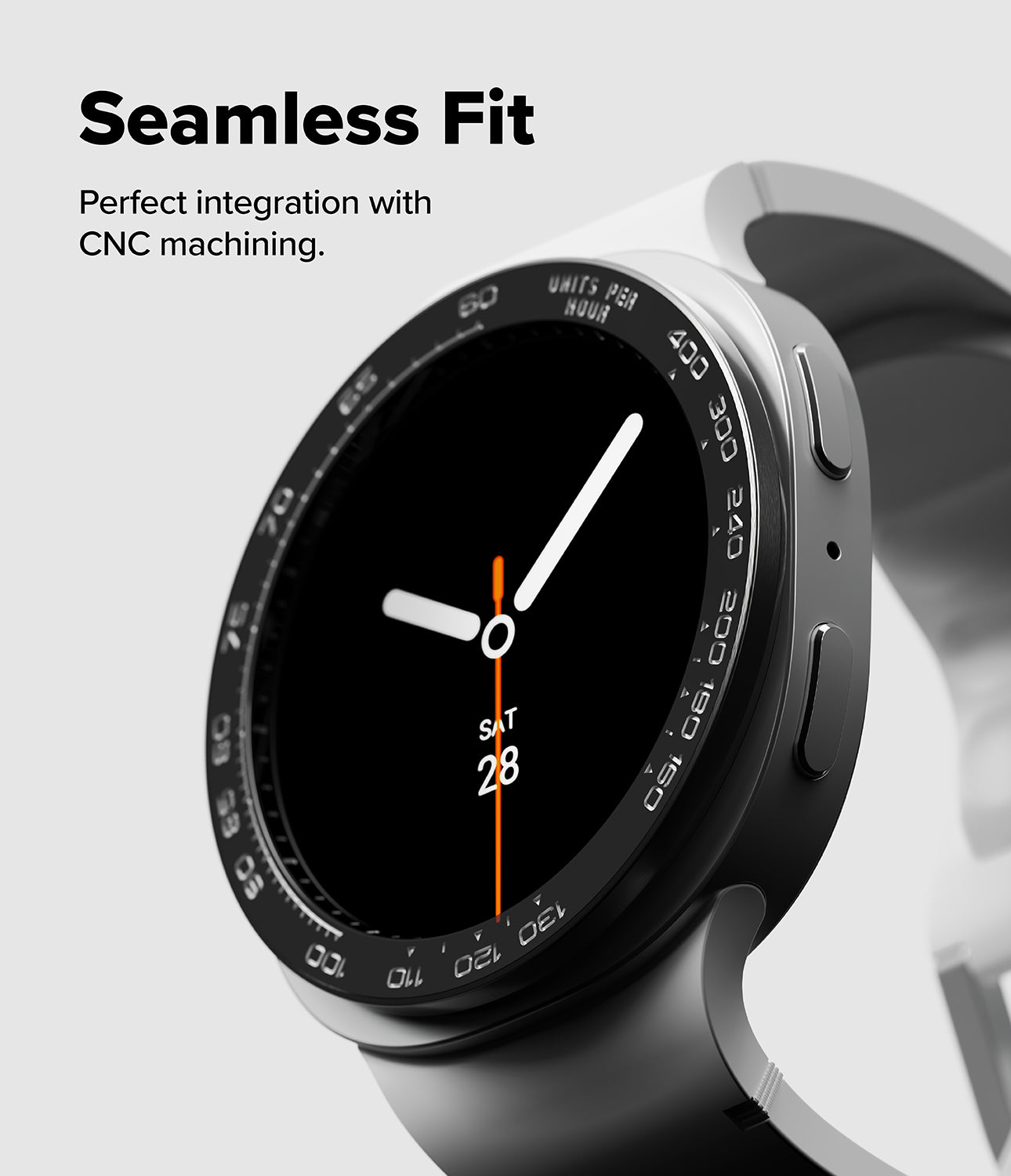 Galaxy Watch 9 / 8 40mm | Bezel Styling Premium - A black smartwatch with a round analog-style face and black band, shown on a light gray background with promotional text reading 'Seamless Fit' and 'Perfect integration with CNC machining.'.