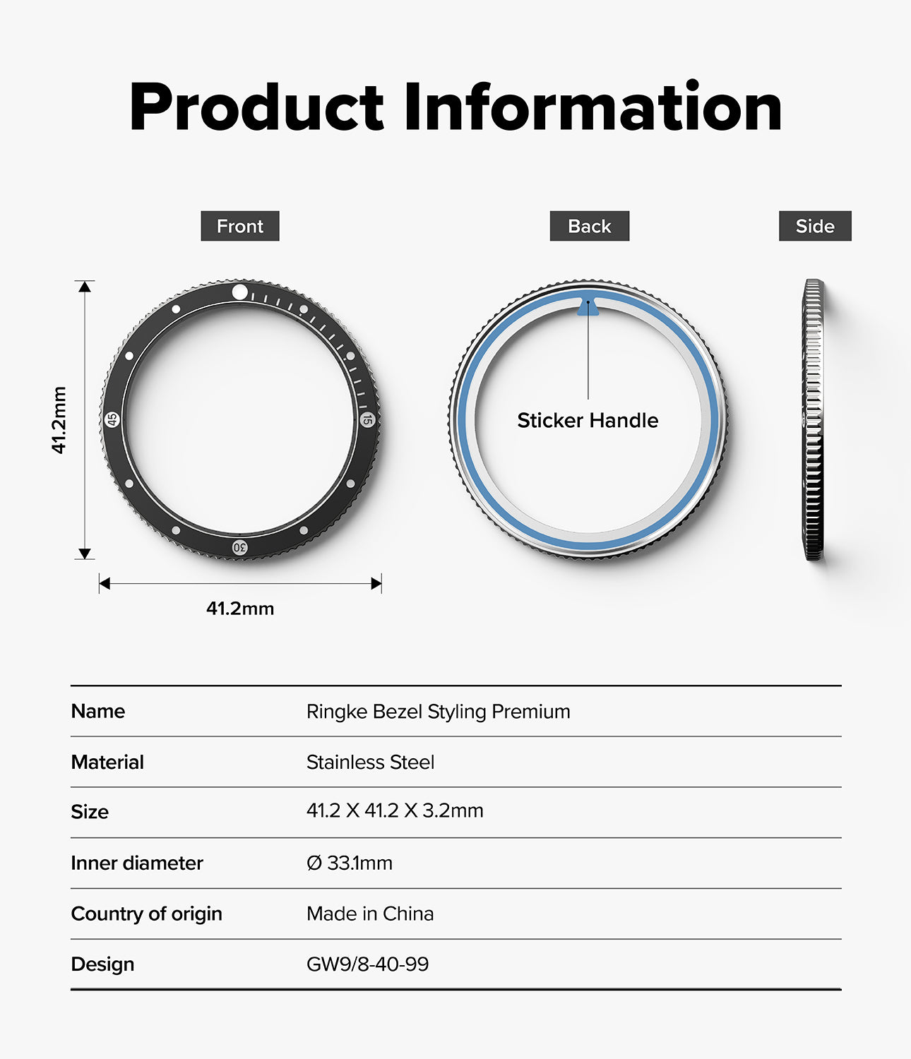 Galaxy Watch 9 / 8 40mm | Bezel Styling Premium - Product information diagram for a stainless steel ringke bezel styling premium accessory, showing front, back, and side views with dimensions and a sticker handle label on a light gray background.
