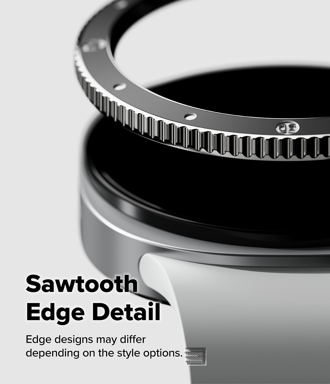 Galaxy Watch 9 / 8 40mm | Bezel Styling Premium - Close-up of a metallic ring-like product detail with a sawtooth edge, shown on a light gray background with text reading 'Sawtooth Edge Detail' and smaller explanatory copy.