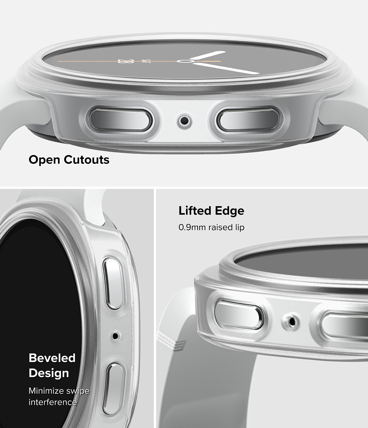 Galaxy Watch 8 40mm Case | Slim - A close-up product diagram of a smartwatch case showing three design features: 'Open Cutouts' for the display, 'Lifted Edge' with 0.9mm raised lip, and 'Beveled Design' to minimize swipe interference.