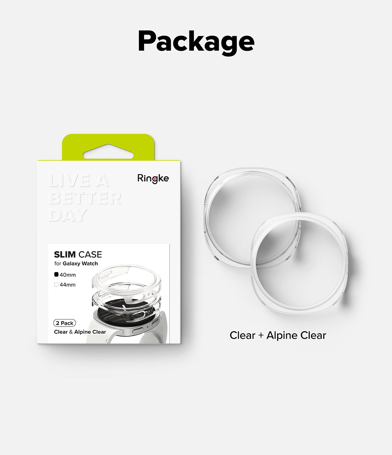 Galaxy Watch 8 40mm Case | Slim - Ringke Slim Case 44mm clear and alpine clear slim case for Galaxy Watch, shown in its white retail packaging alongside the two clear silicone strap protectors on a light gray background.