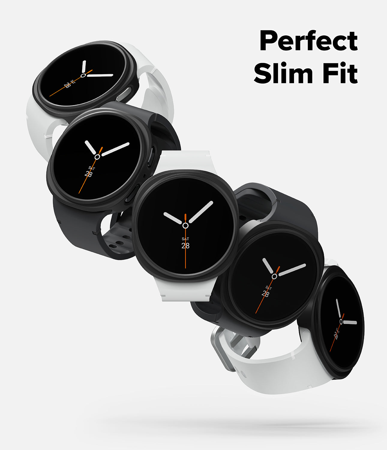 Galaxy Watch 8 40mm Case | Slim - Five smartwatches with round black faces and slim white or black bands are arranged diagonally on a light gray background, with the text 'Perfect Slim Fit' in the top right.