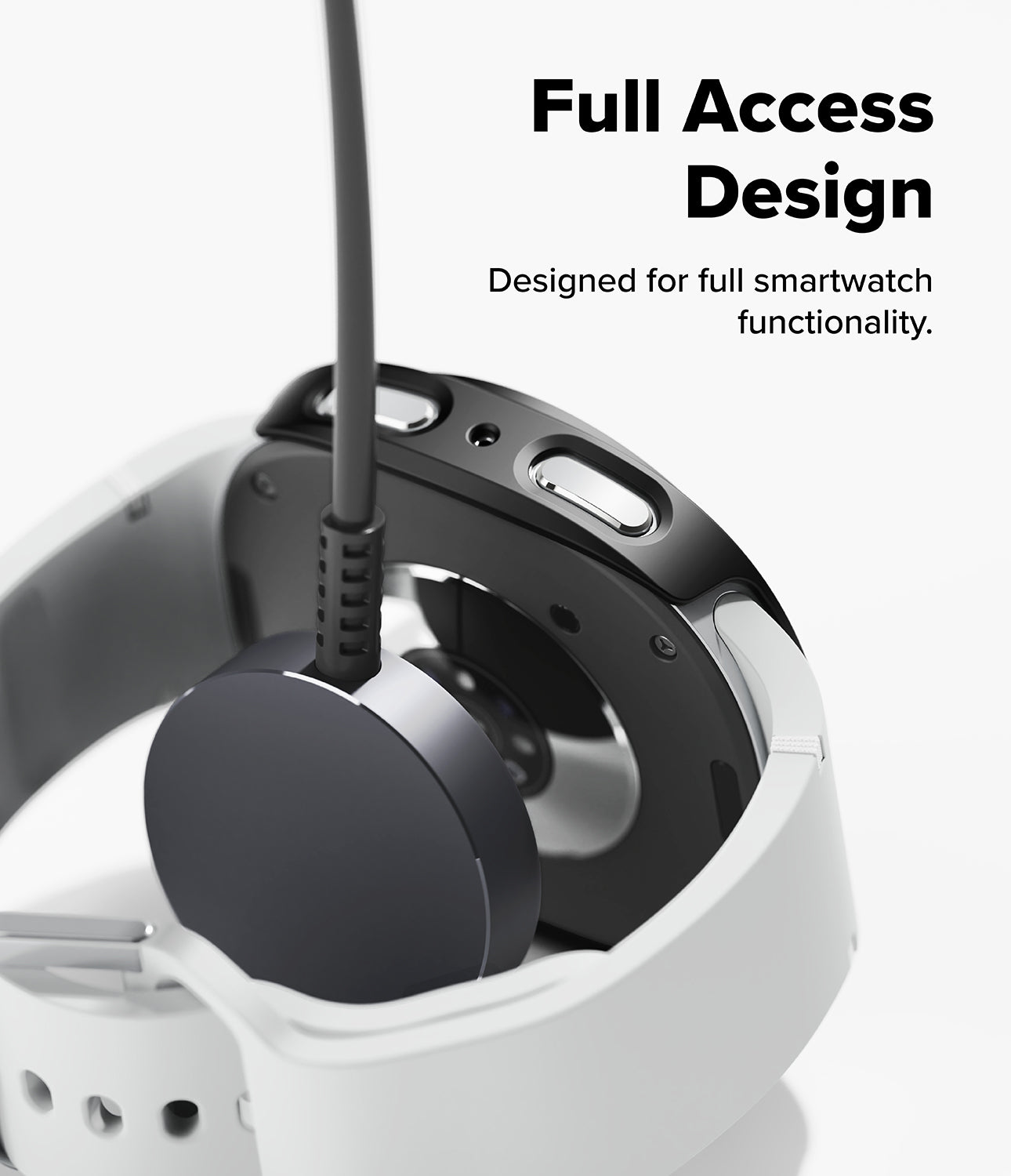 Galaxy Watch 8 40mm Case | Slim - A close-up of a smartwatch with a black circular earpiece or speaker component and a white band, shown against a light gray background with the text 'Full Access Design' and 'Designed for full smartwatch functionality.'.