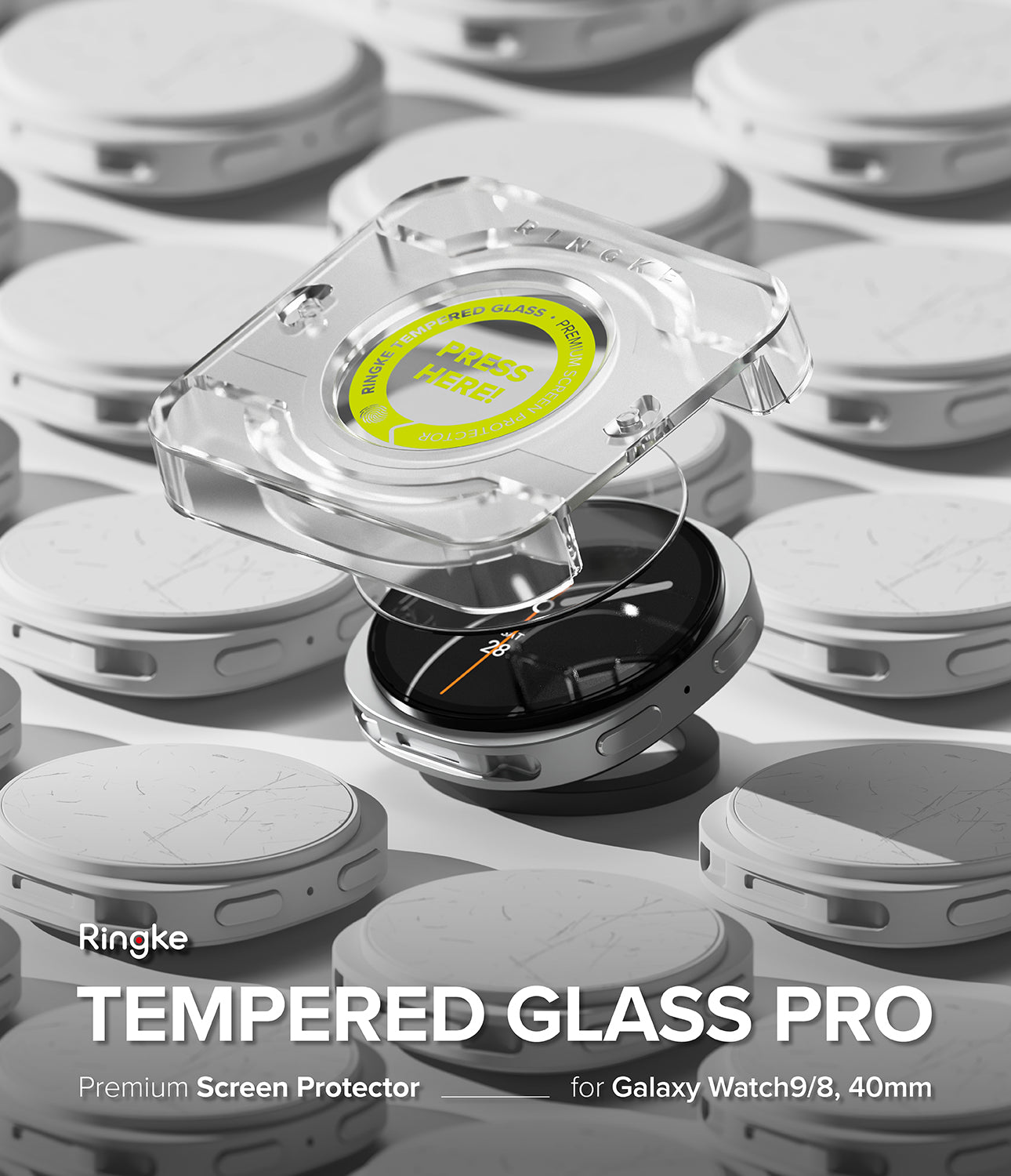 Galaxy Watch 9 / 8 40mm Screen Protector | Tempered Glass Pro - Ringke tempered glass screen protectors shown in a clean studio-style arrangement, with one transparent protector lifted over a black watch face and others stacked in the background. Text at the bottom reads 'Ringke TEMPERED GLASS PRO Premium Screen Protector for Galaxy Watch9/8, 44mm'.