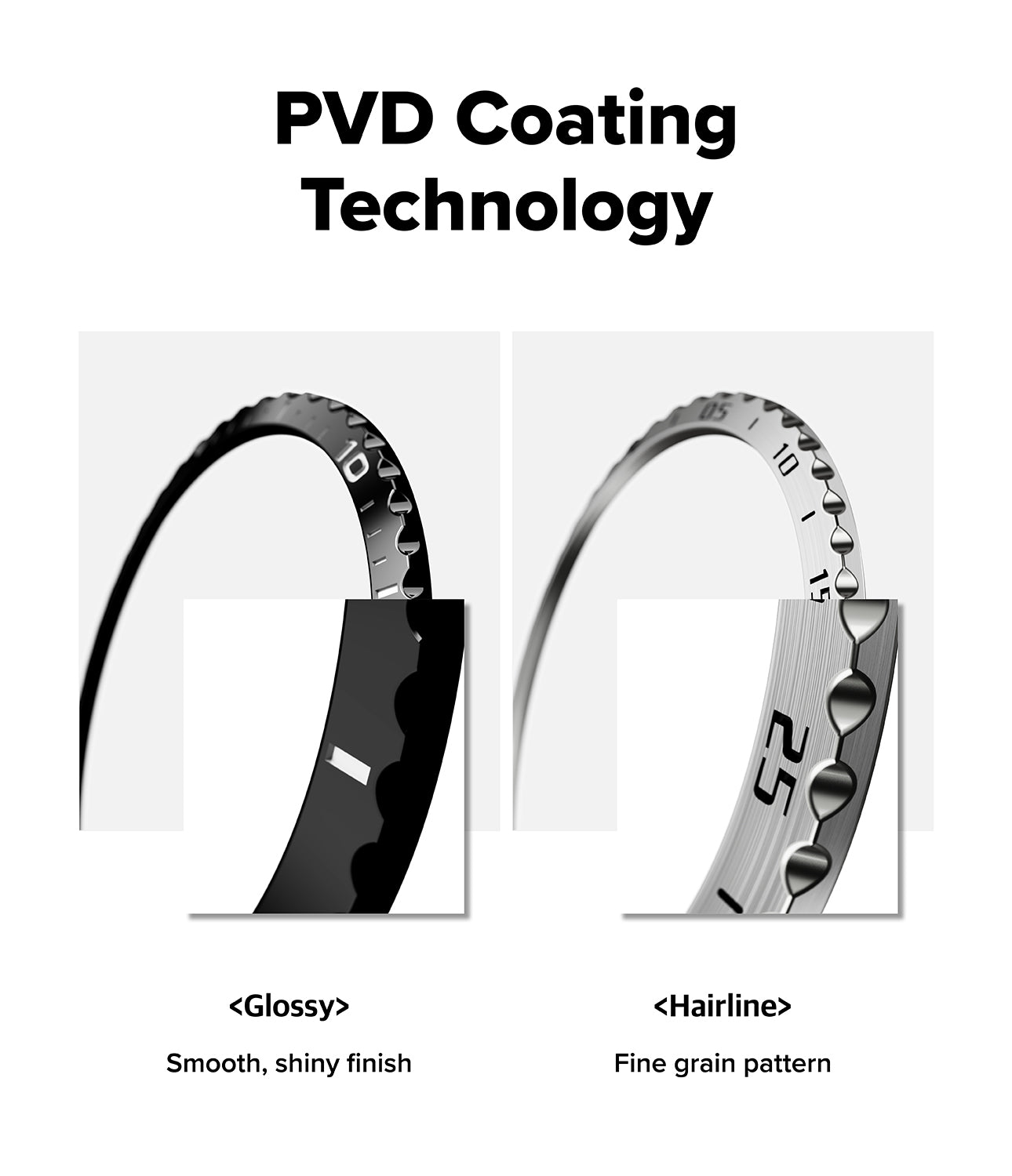 Galaxy Watch 9 / 8 44mm | Bezel Styling - A product comparison graphic titled 'PVD Coating Technology' showing two views of a metallic ring band: a glossy black finish on the left and a silver hairline finish on the right, with descriptive text below each finish.
