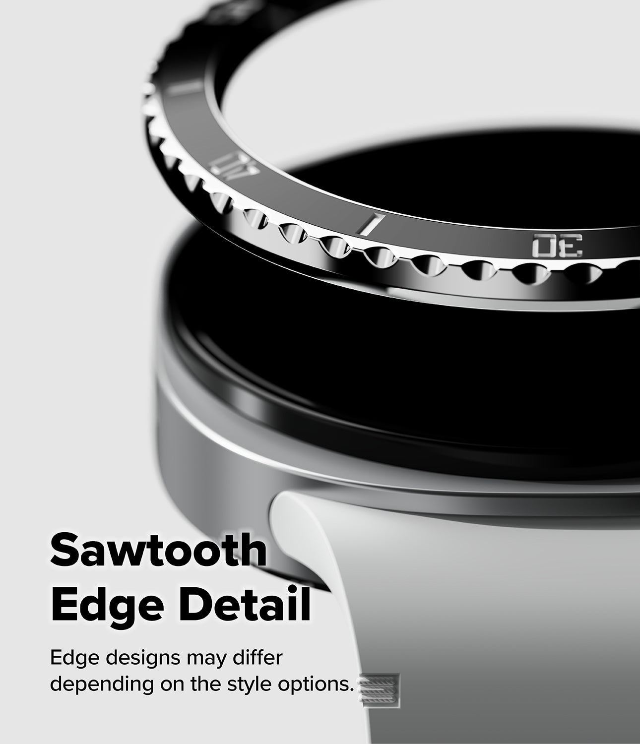 Galaxy Watch 9 / 8 44mm | Bezel Styling Premium - Close-up of a metallic watch band or ring component with a serrated tooth-like edge, shown on a light gray background with the text 'Sawtooth Edge Detail' and smaller explanatory copy.