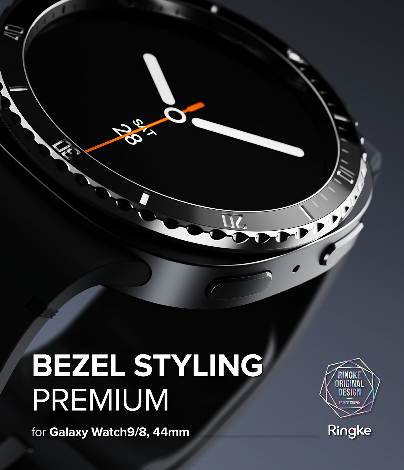 Galaxy Watch 9 / 8 44mm | Bezel Styling Premium - Close-up promotional render of a black Samsung Galaxy Watch 9 bezel with a textured metallic ring around the watch face. The watch band is dark gray/black, and the screen shows a minimalist analog watch face.