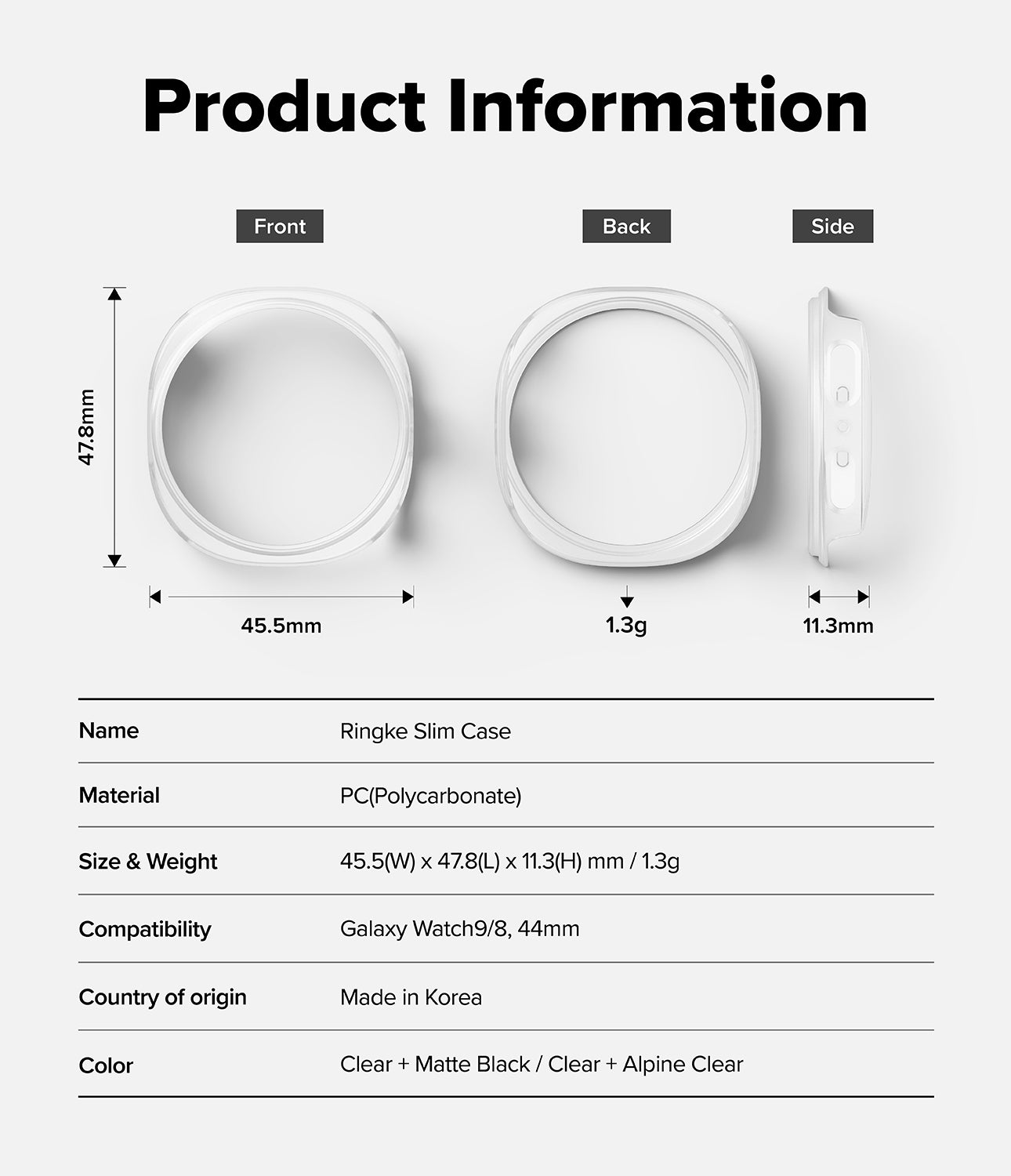 Galaxy Watch 9 / 8 44mm Case | Slim - Product information diagram showing front, back, and side views of a Ringke Slim Case with dimensions, weight, and compatibility details on a light gray background.