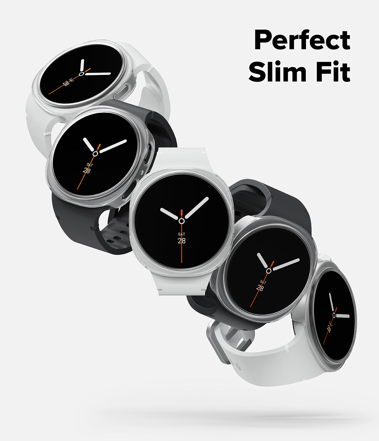 Galaxy Watch 9 / 8 44mm Case | Slim - Five slim-fit smartwatches arranged diagonally on a light gray background, with black watch faces and white or dark gray bands. The text 'Perfect Slim Fit' appears in the top right.