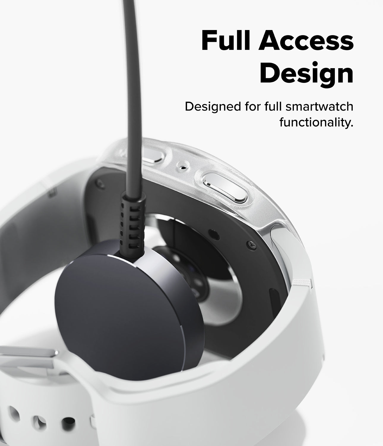 Galaxy Watch 9 / 8 44mm Case | Slim - Close-up of a smartwatch with a black circular magnetic band or accessory attached, shown on a clean white background with text reading 'Full Access Design' and 'Designed for full smartwatch functionality.'.