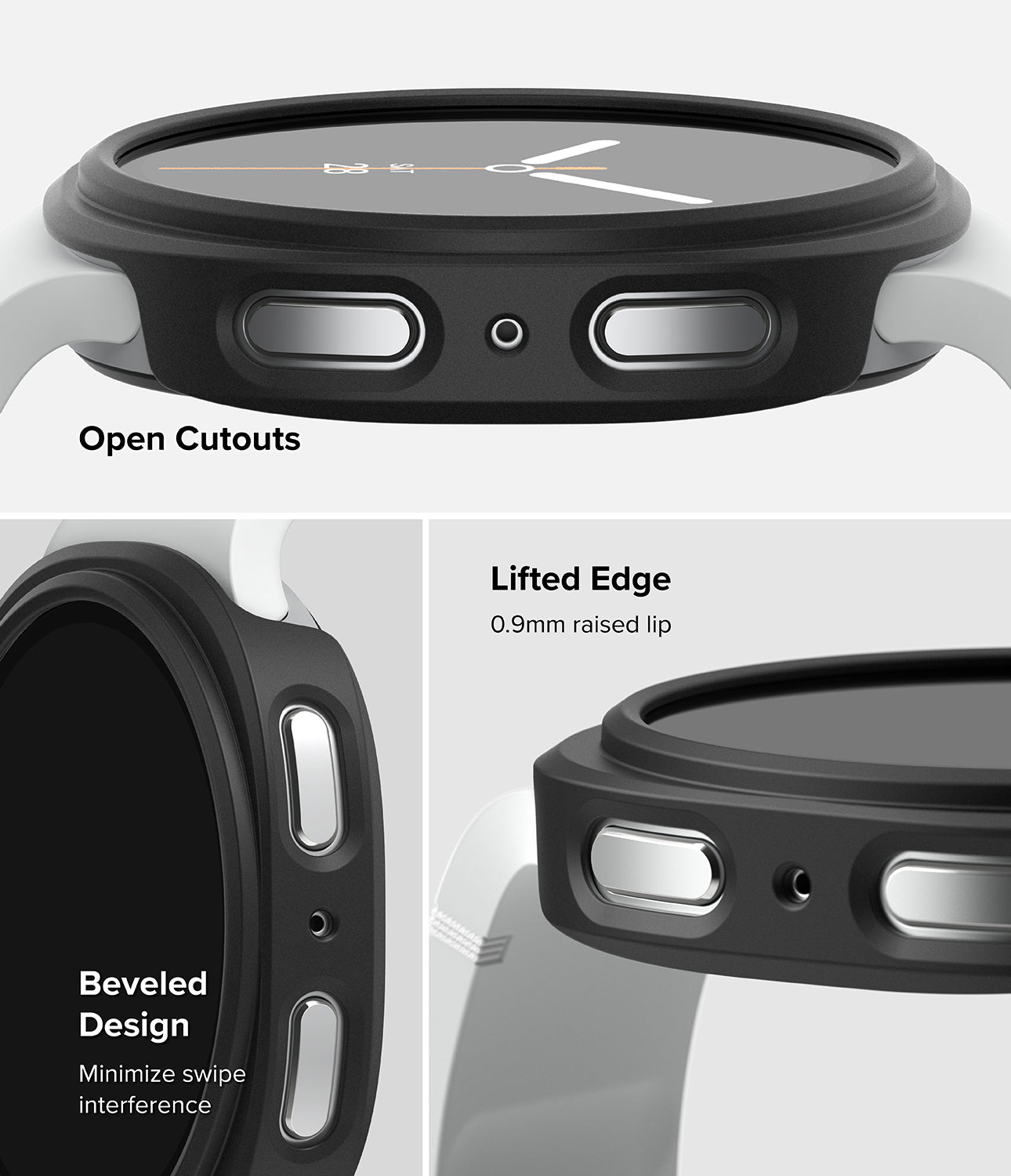 Galaxy Watch 9 / 8 44mm Case | Slim - Three-panel product detail graphic showing the bottom edge of a black smartwatch case with cutouts, a lifted 0.9mm lip, and a beveled design, labeled 'Open Cutouts,' 'Lifted Edge,' and 'Beveled Design.