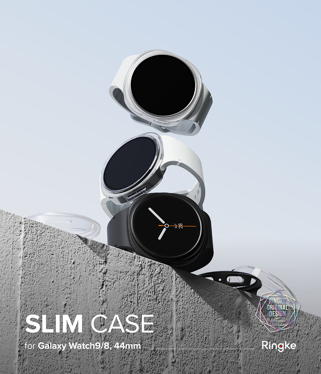 Galaxy Watch 9 / 8 44mm Case | Slim - Three slim smartwatch cases in white and black shown floating above a concrete ledge against a pale blue background, with text reading 'SLIM CASE for Galaxy Watch 9/8, 40mm' and the Ringke logo.