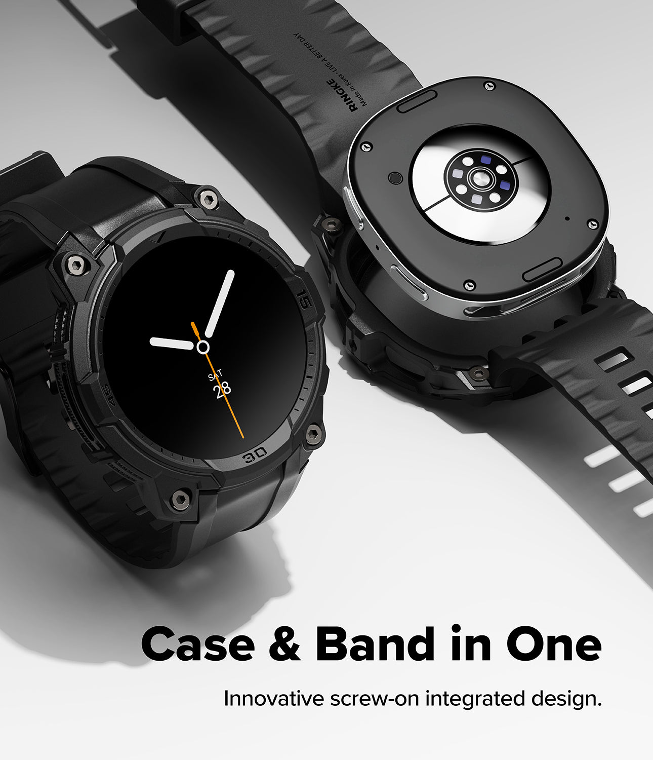Galaxy Watch 9 / 8 44mm Case + Band | Rugged Gear - Black smartwatch with open case showing internal components on a light gray background.