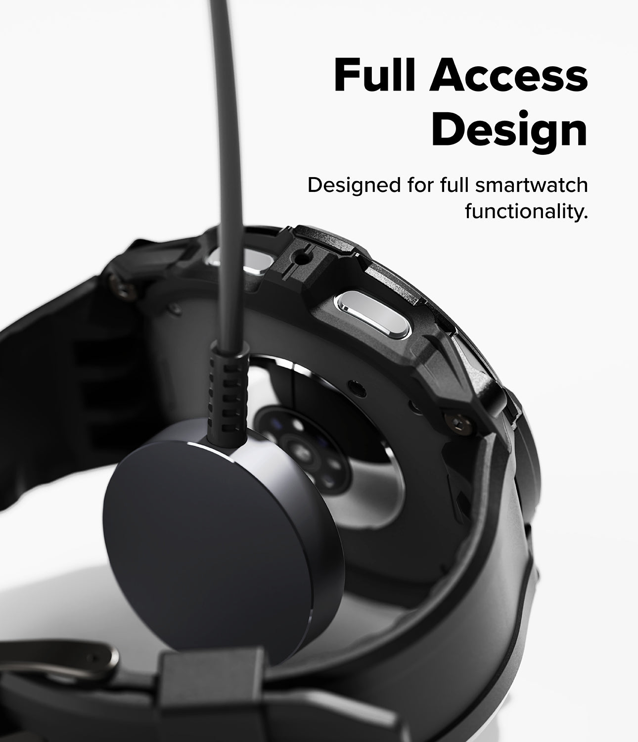 Galaxy Watch 9 / 8 44mm Case + Band | Rugged Gear - Close-up of a smartwatch with a black band on a white background, featuring text 'Full Access Design'.