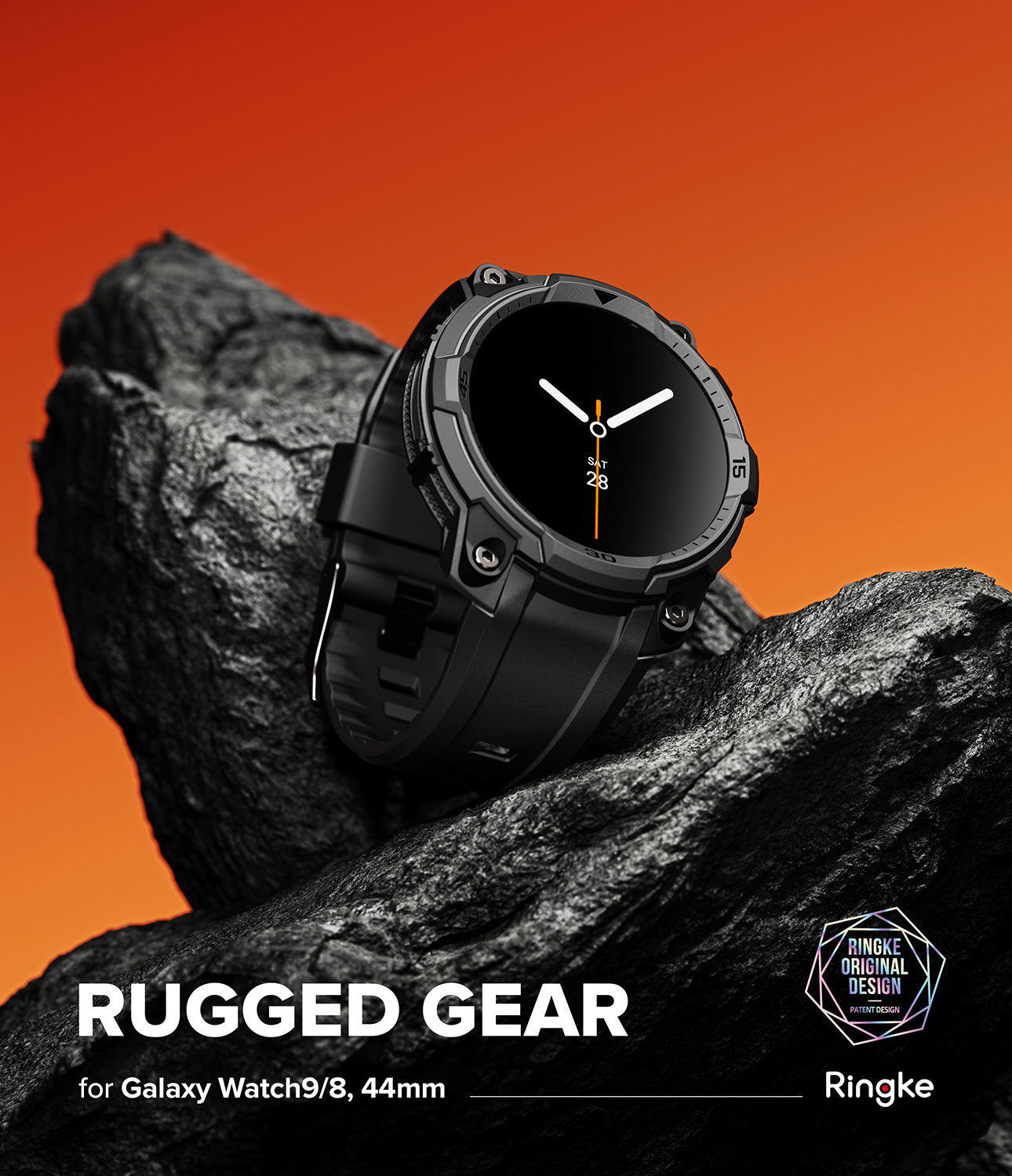 Galaxy Watch 9 / 8 44mm Case + Band | Rugged Gear - Black rugged gear watch on a rock with an orange background