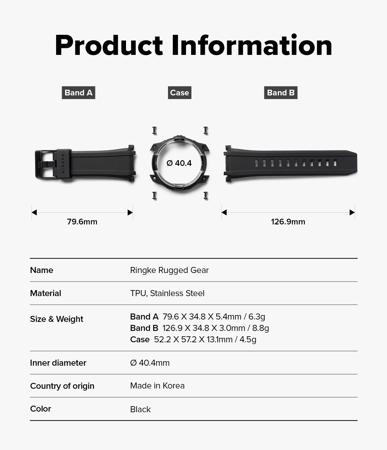 Galaxy Watch 8 44mm Case + Band | Rugged Gear - Product information diagram for a black ring-style rugged gear watch band, showing front and side views of Band A and Band B with dimensions, plus a specification table listing material, size, weight, inner diameter, country of origin, and color.
