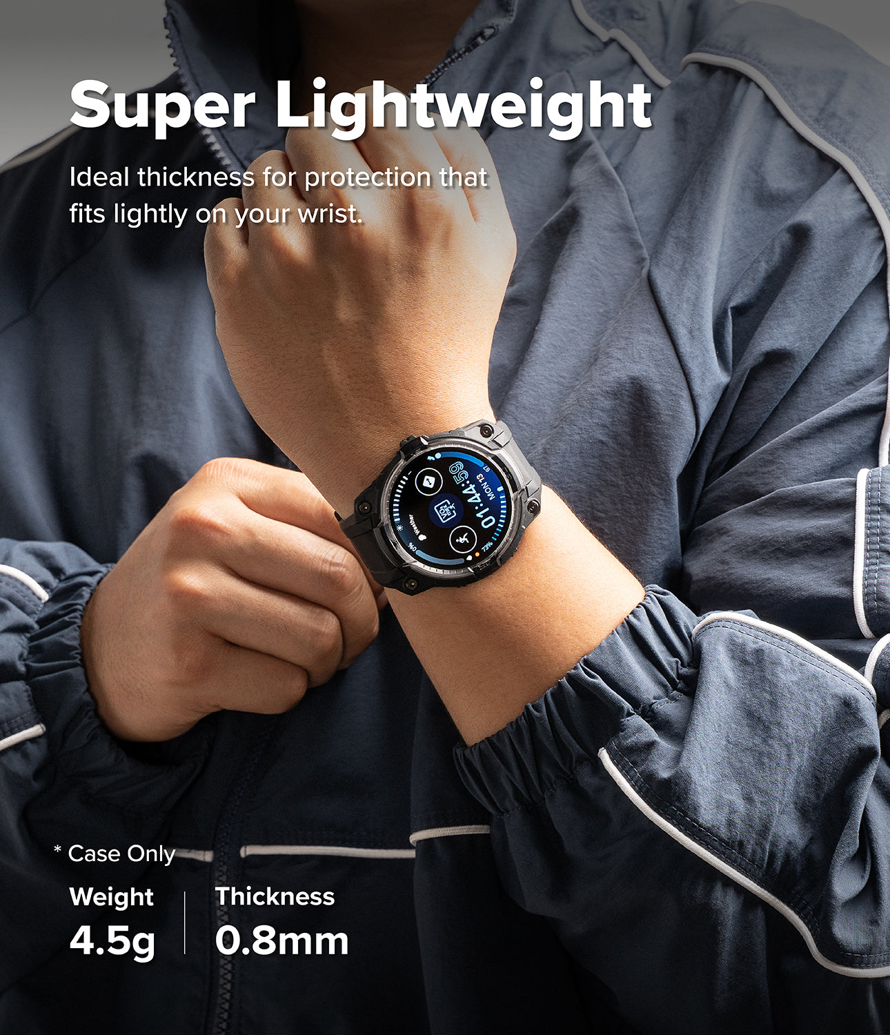 Galaxy Watch 8 44mm Case + Band | Rugged Gear - Person wearing a smartwatch with text highlighting its lightweight design.