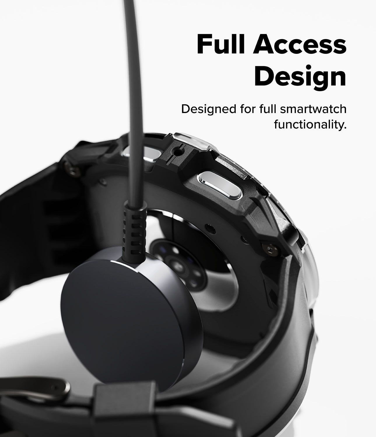 Galaxy Watch 8 44mm Case + Band | Rugged Gear - Close-up of a smartwatch with a black band, showing the back design and text 'Full Access Design'.