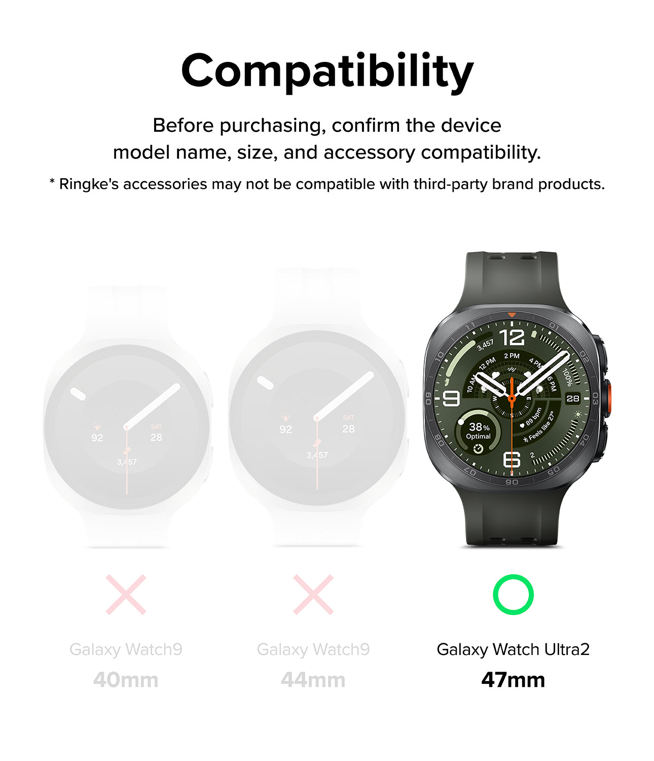 Galaxy Watch Ultra 2 Screen Protector | Tempered Glass (4 Pack) - R9 - Compatibility graphic for a smartwatch accessory, showing a black smartwatch on the right labeled Galaxy Watch Ultra2 47mm with a green compatibility mark, and two faded watch silhouettes on the left labeled Galaxy Watch9 40mm and Galaxy Watch9 44mm with pink exclusion marks.