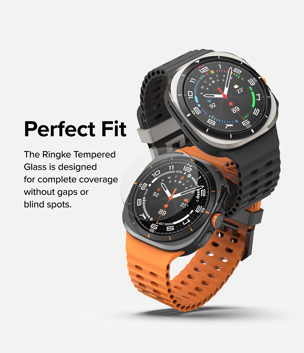 Galaxy Watch Ultra 2 Screen Protector | Tempered Glass (4 Pack) - R9 - Two smartwatches shown on a light gray background with marketing text reading 'Perfect Fit.' The top watch has a black case and black strap, while the bottom watch has a black case and orange strap.