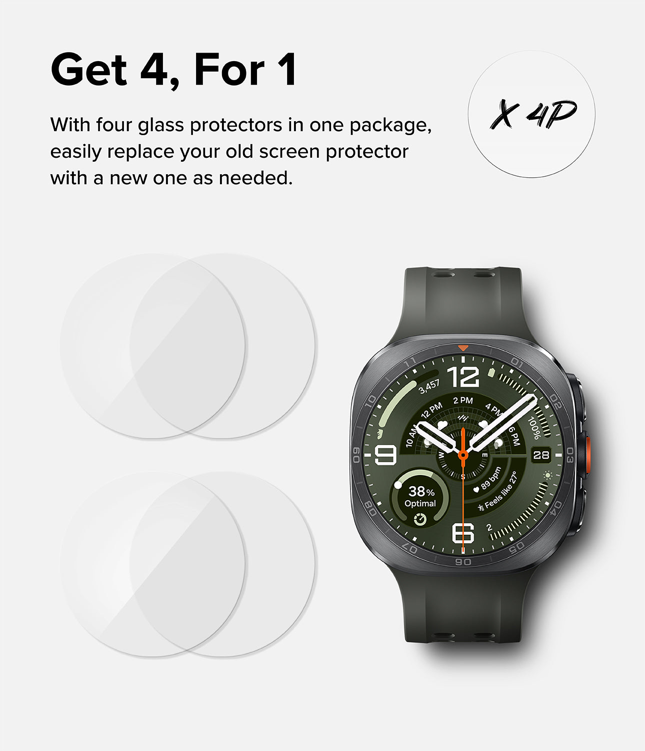 Galaxy Watch Ultra 2 Screen Protector | Tempered Glass (4 Pack) - R9 - Promotional graphic for smartwatch screen protectors showing a dark gray smartwatch with a green display on the right, two transparent circular screen protector mockups on the left, and text reading 'Get 4, For 1' and 'X 4P'.