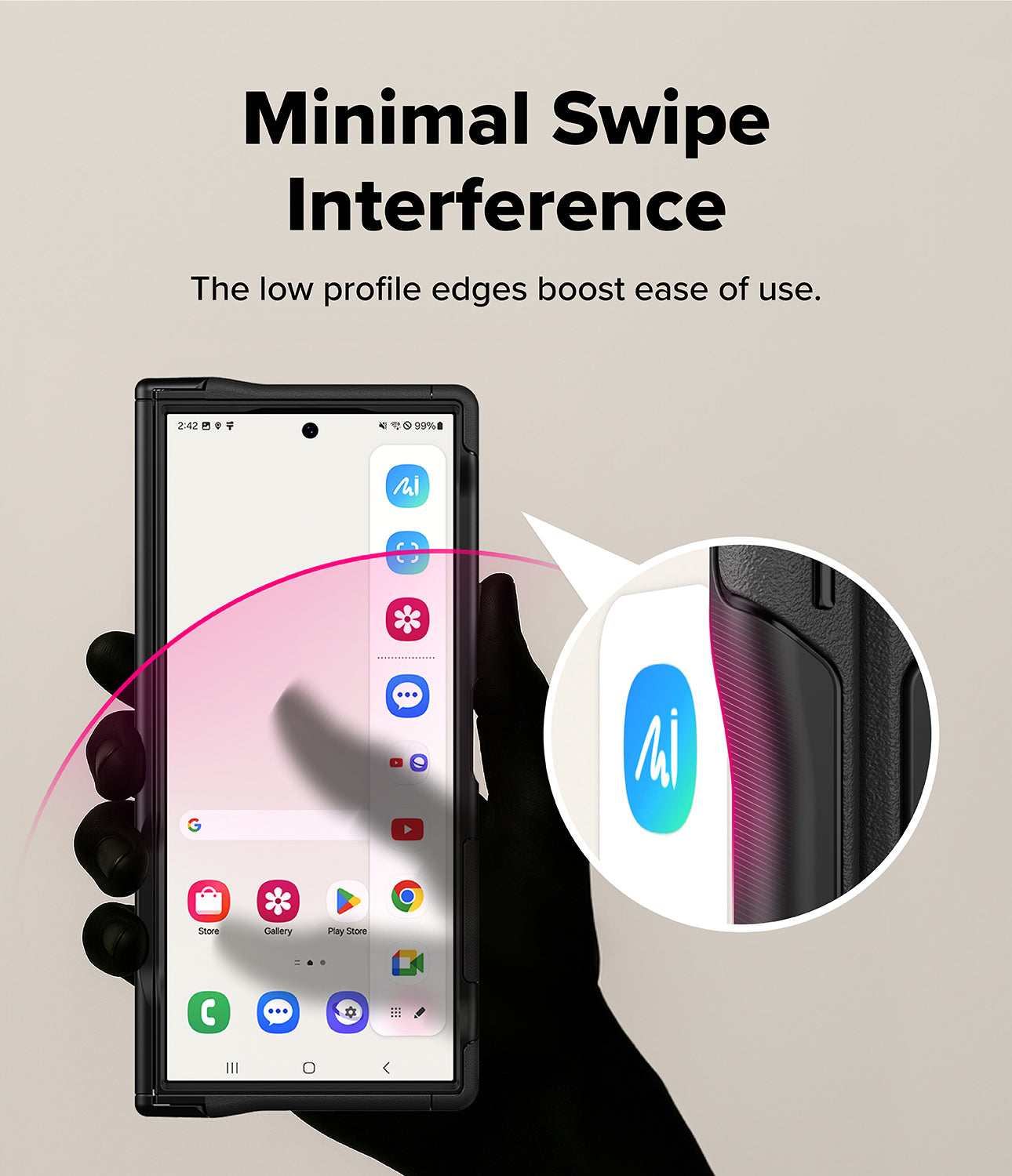 Galaxy Z Fold 8 Ultra Case | Alles - A black smartphone case with minimal profile edges shown on a hand against a beige background, with text reading 'Minimal Swipe Interference' and a circular inset highlighting a low-profile button area.