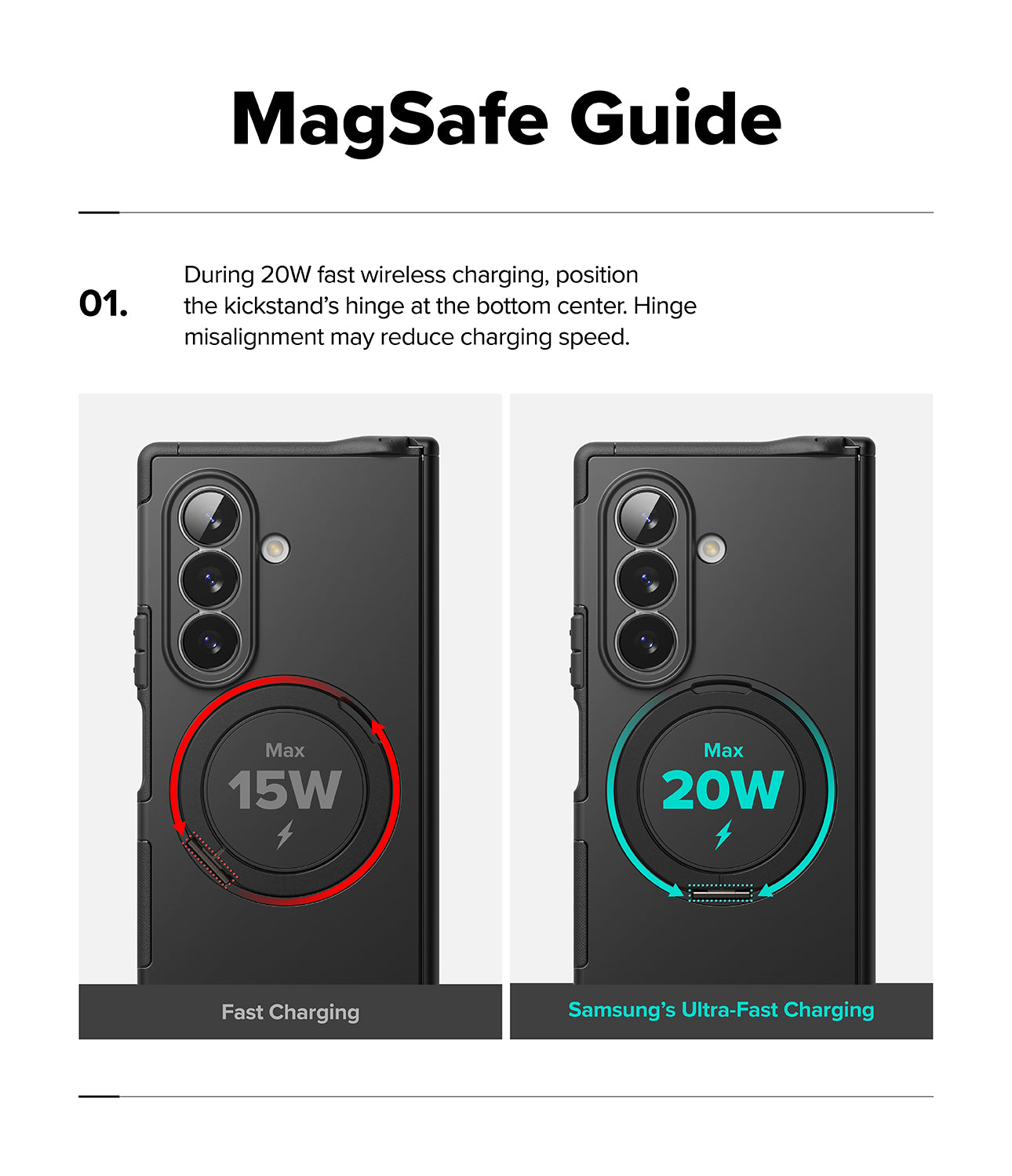 Galaxy Z Fold 8 Ultra Case | Alles - MagSafe charging guide infographic showing two black phone cases side by side on a white background. The left case is labeled 'Fast Charging' with a red circular MagSafe ring and 15W text, and the right case is labeled 'Samsung's Ultra-Fast Charging' with a cyan MagSafe ring and 20W text.