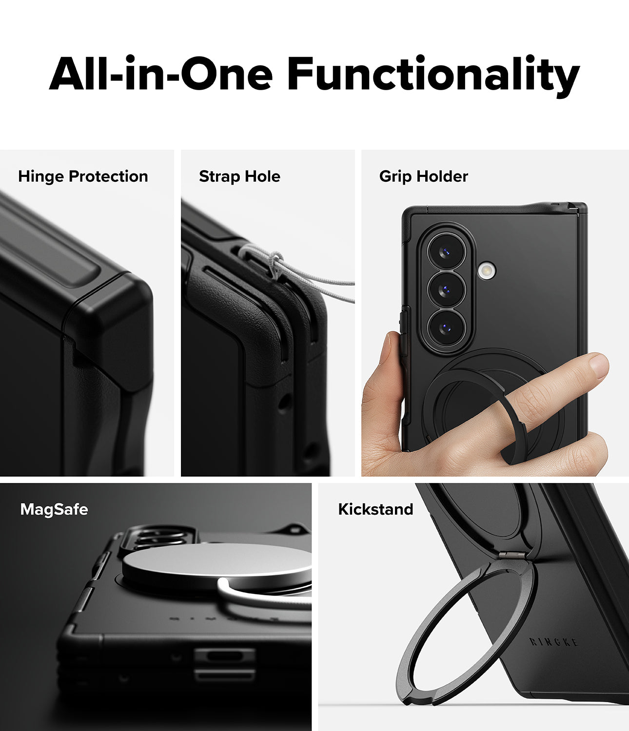 Galaxy Z Fold 8 Ultra Case | Alles - A black rugged phone case with multiple functional features, shown in a five-panel infographic. The panels highlight hinge protection, a strap hole, a grip holder with a hand holding the phone, MagSafe compatibility, and a built-in kickstand.