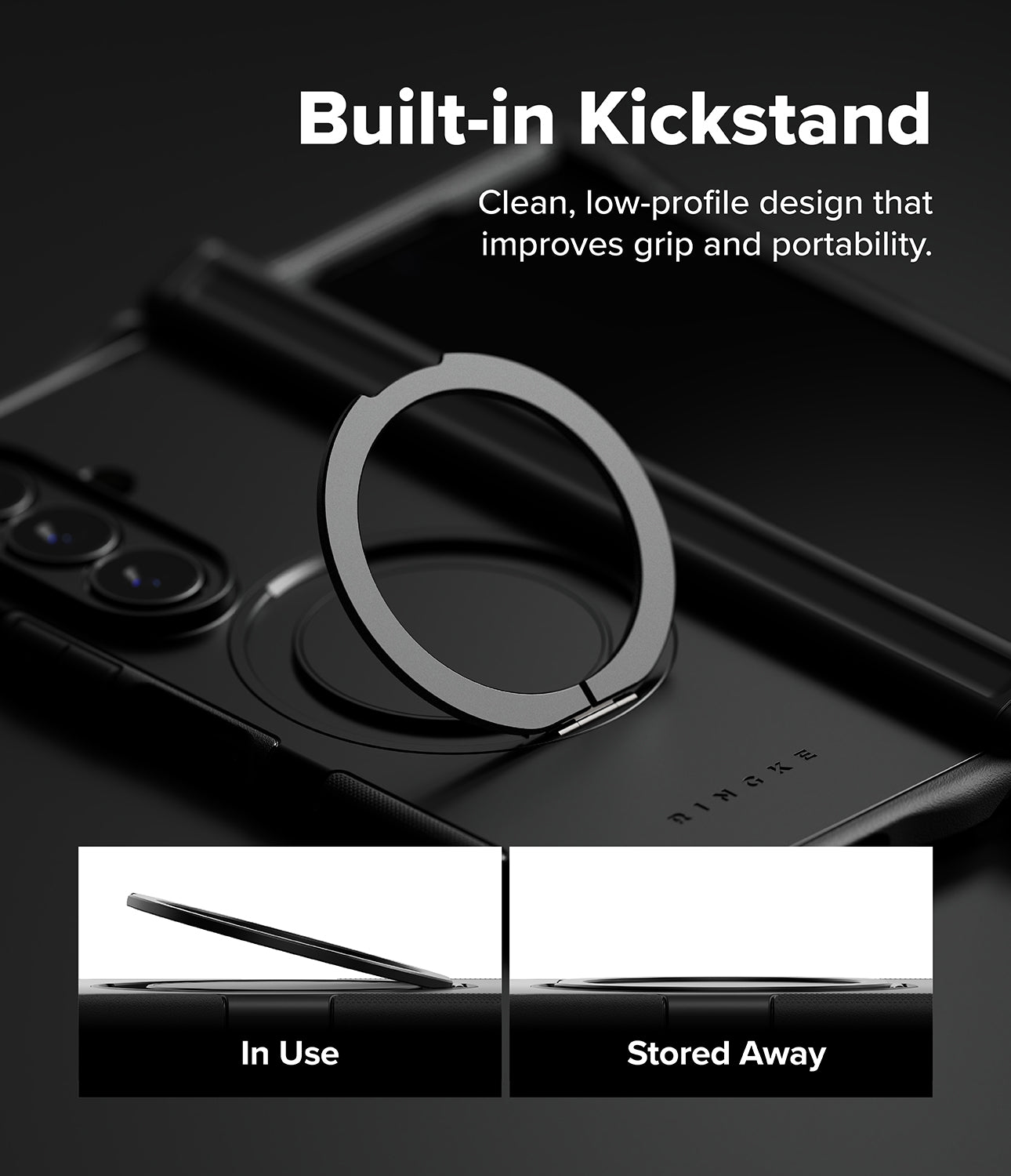 Galaxy Z Fold 8 Ultra Case | Alles - A black phone case with a built-in circular kickstand ring, shown on a dark background with marketing text reading 'Built-in Kickstand' and two small inset images demonstrating 'In Use' and 'Stored Away' positions.